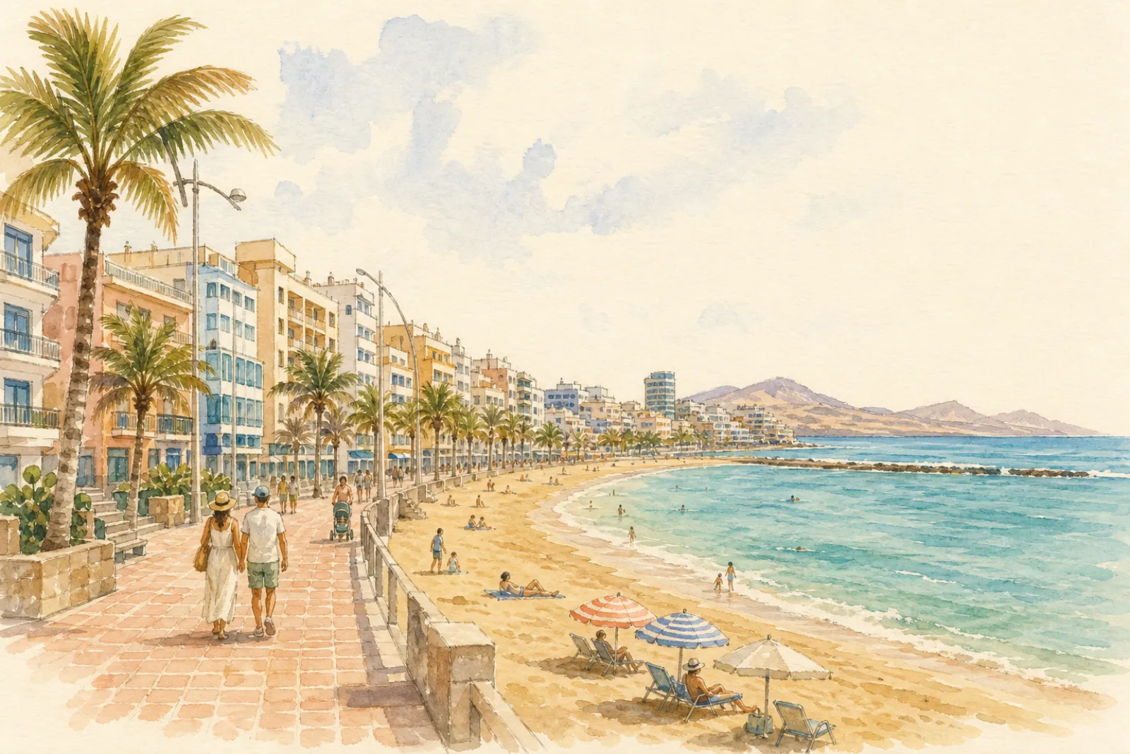 Acuarela del paseo de Las Canteras con sus hoteles y la playa