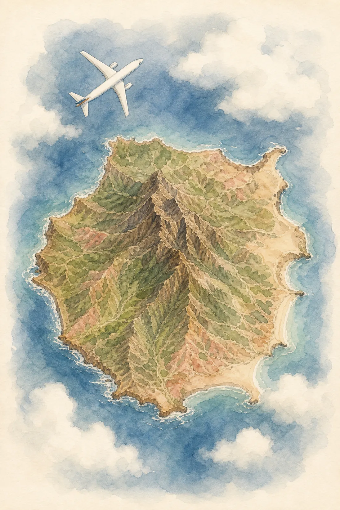 Acuarela de un avión sobrevolando la isla de Gran Canaria