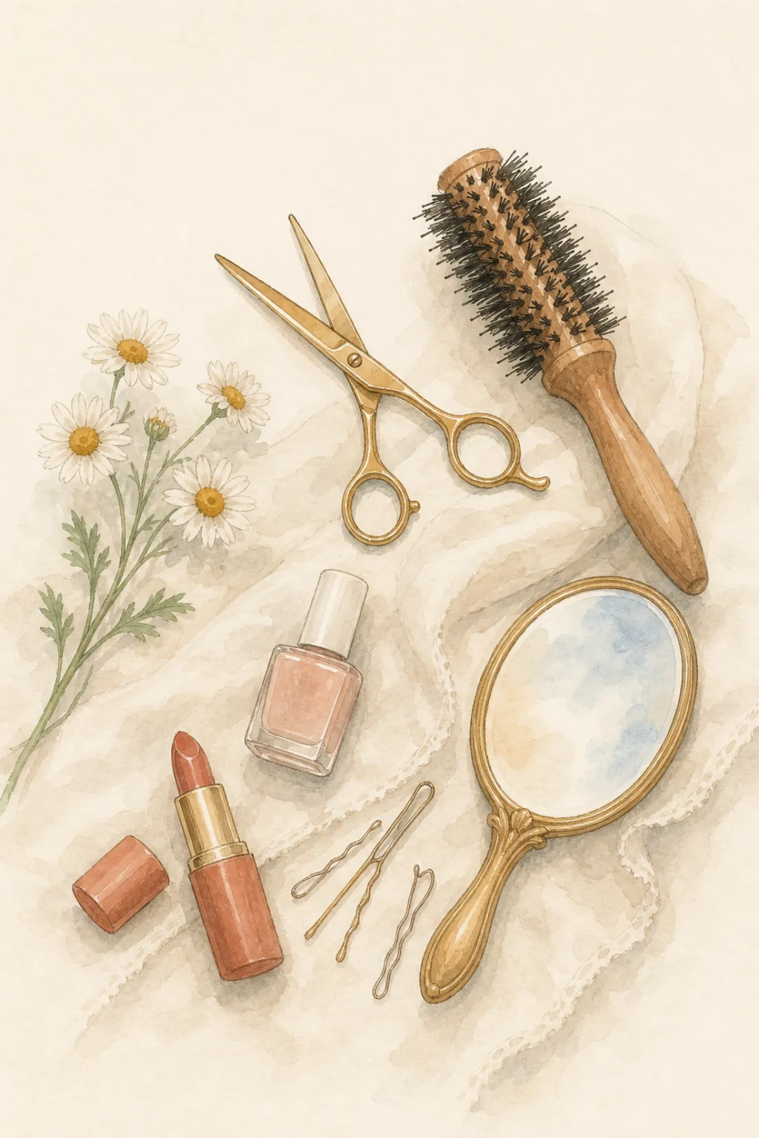 Acuarela con tijeras, cepillo, laca de uñas y flores