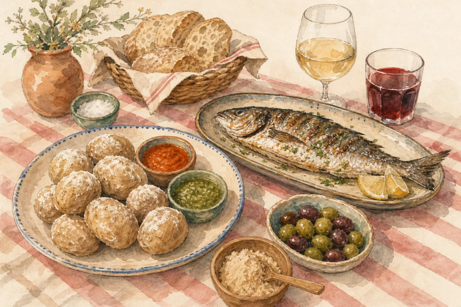 Acuarela de una mesa canaria con papas arrugadas, pescado y vino