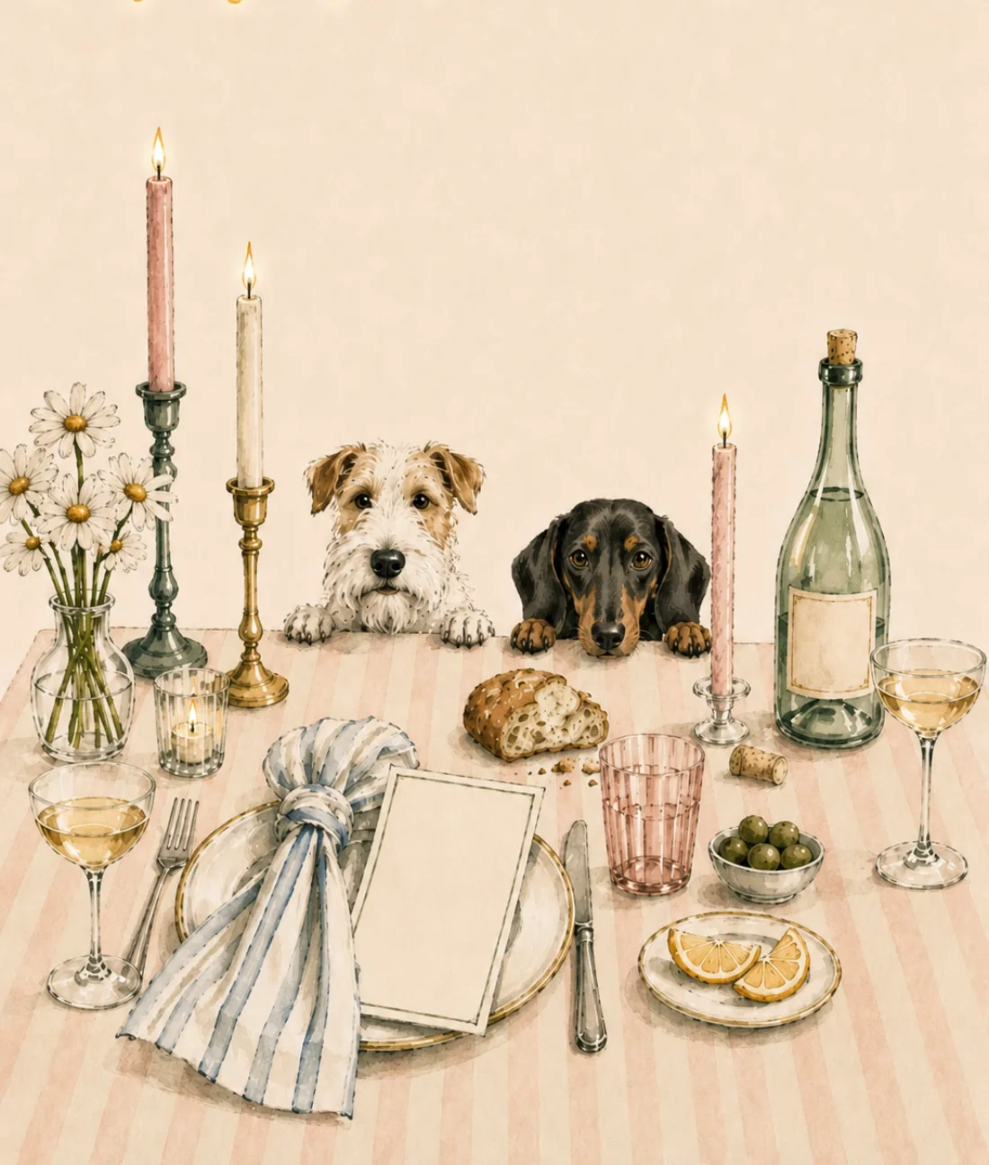 Ilustración en acuarela: una mesa preparada con velas, flores y los dos perros de Claudia y Jose asomándose