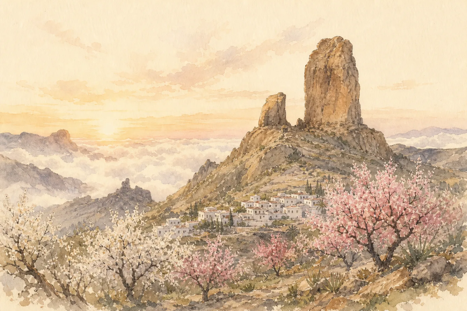 Acuarela del Roque Nublo y el pueblo de Tejeda