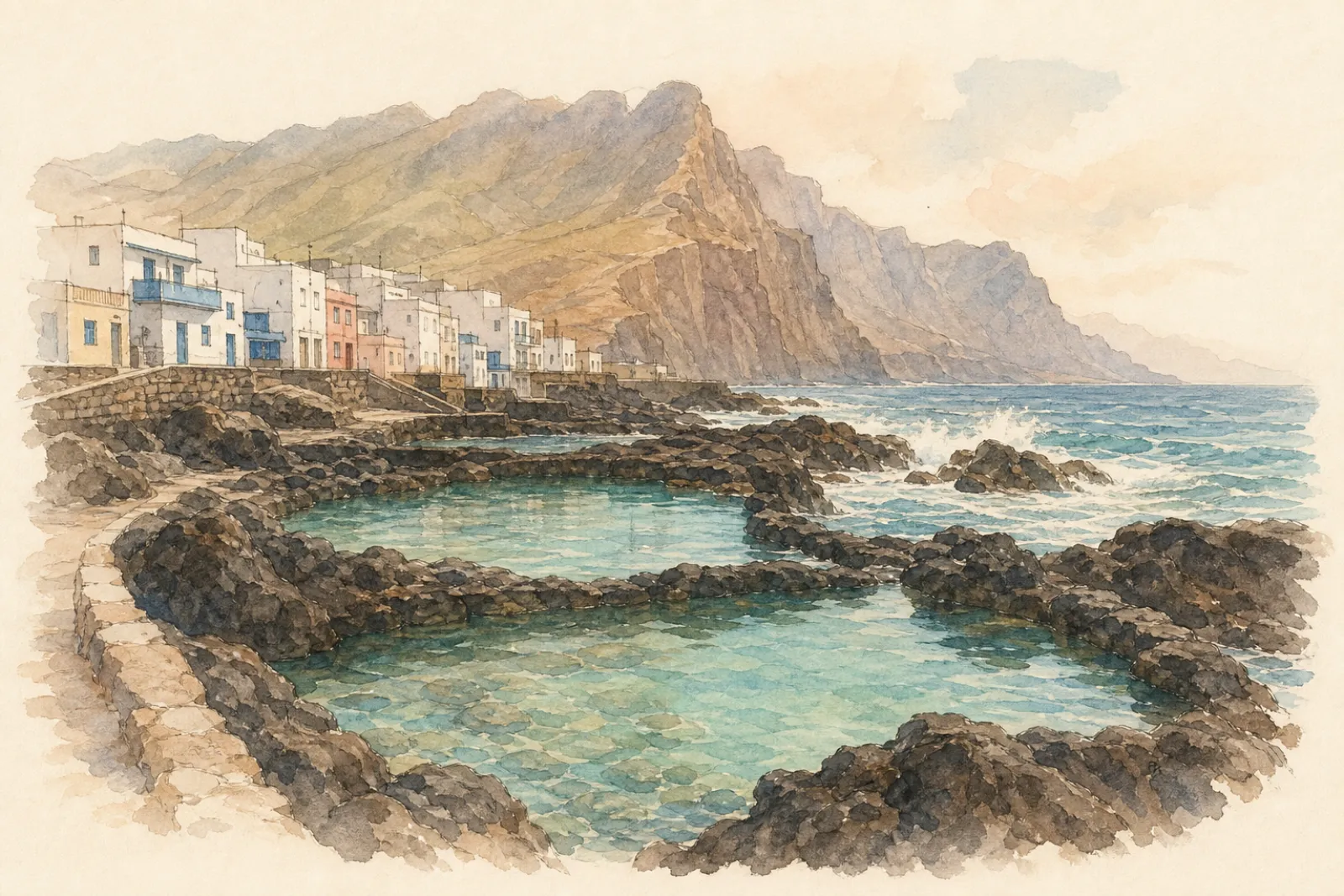 Acuarela de las piscinas naturales de Agaete