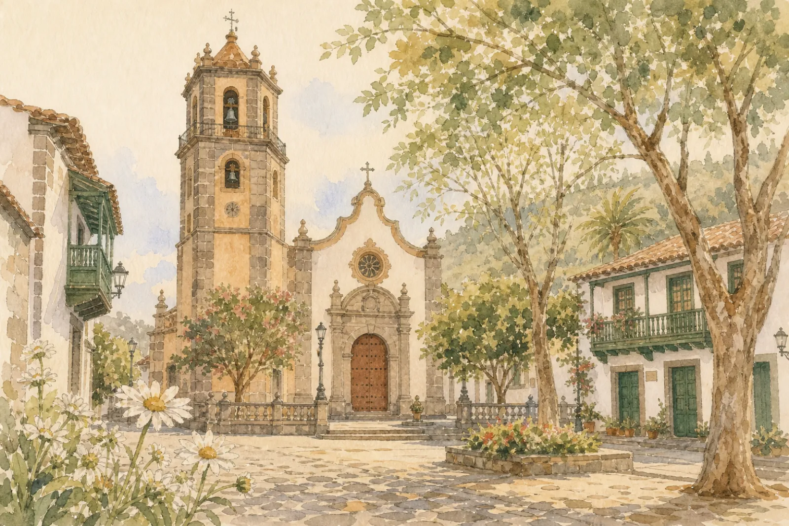 Acuarela de la Basílica de Nuestra Señora del Pino, en Teror